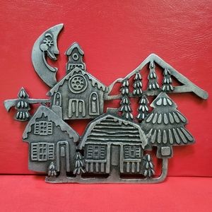 Vtg Metzke Pewter Wall Plaque "Snowy Village Town Under the Moon" 1977